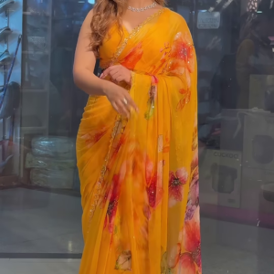 Yellow Chiffon Printed Saree