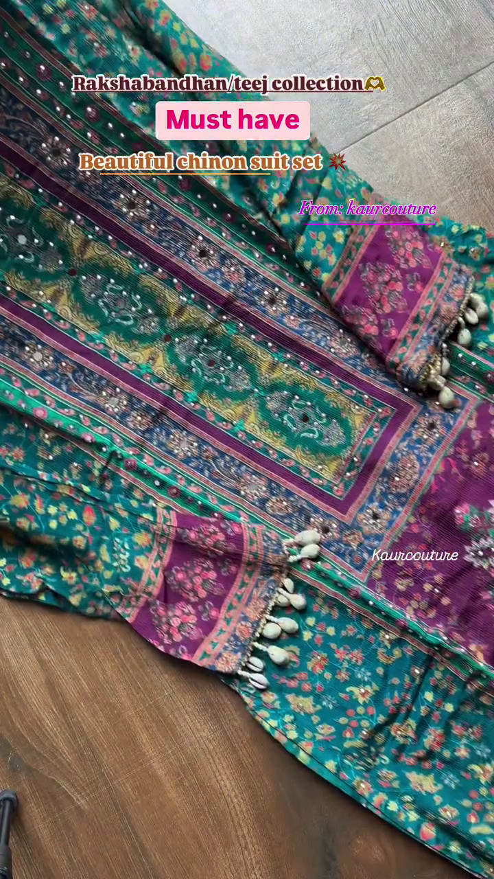 heavy chinon printed with mirror and kodi work 3 pcs suit set - Image 2