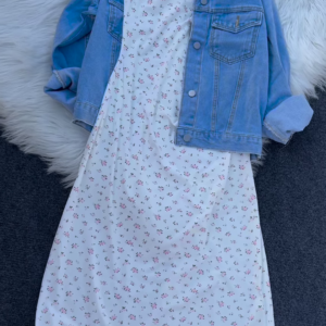 Casual Floral Midi Dress with Denim Jacket – Effortless Chic