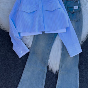 Striped Cropped Shirt with Flared Denim Jeans – Trendy & Chic