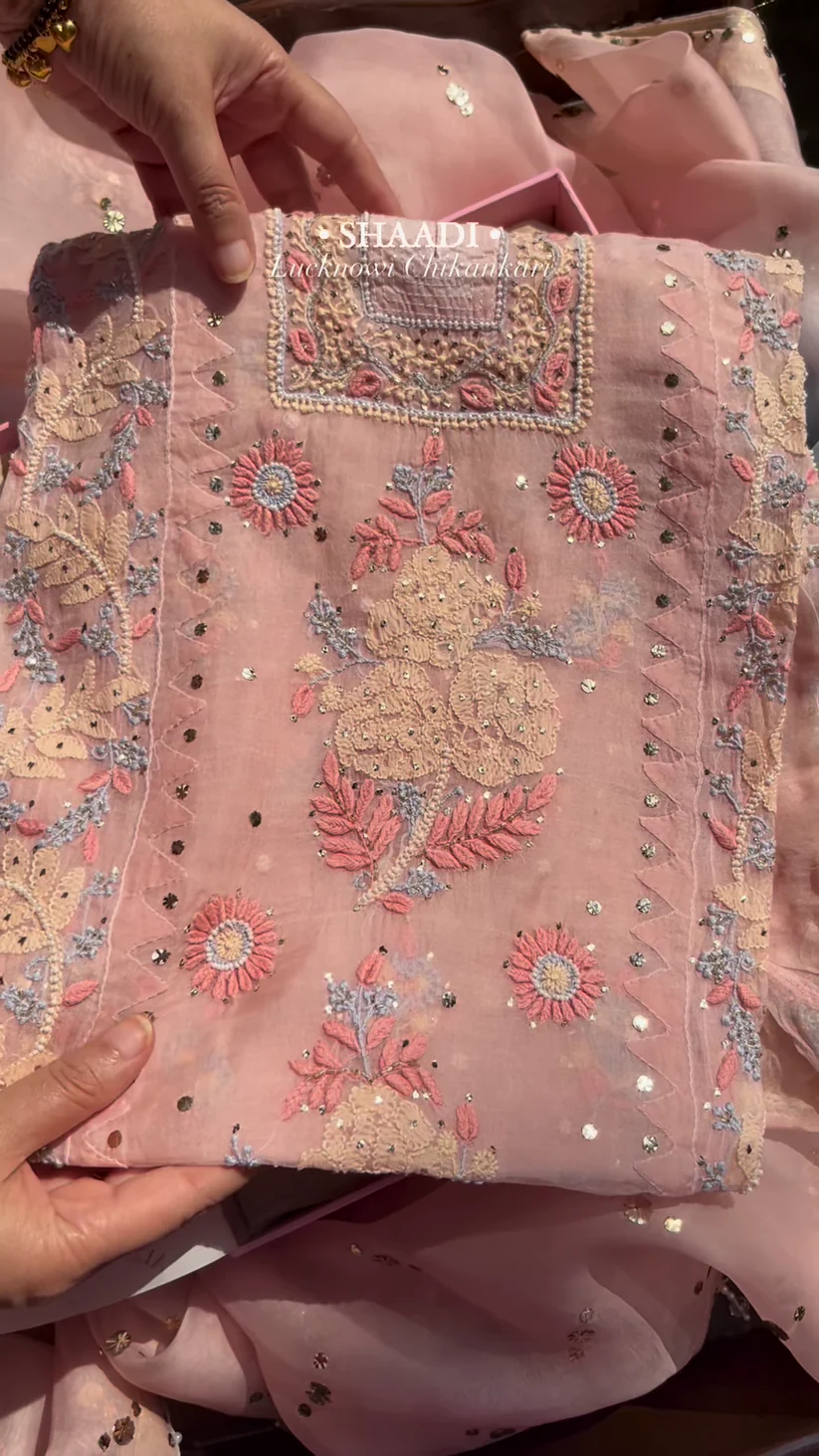 pink colour heavy chikankari suit set with koti - Image 2
