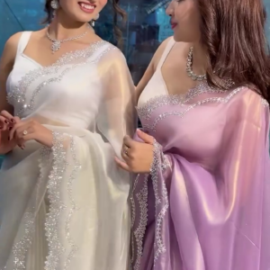 Pink AND WHITE  Saree Organza Embellished Rhinestone V Neck With Blouse