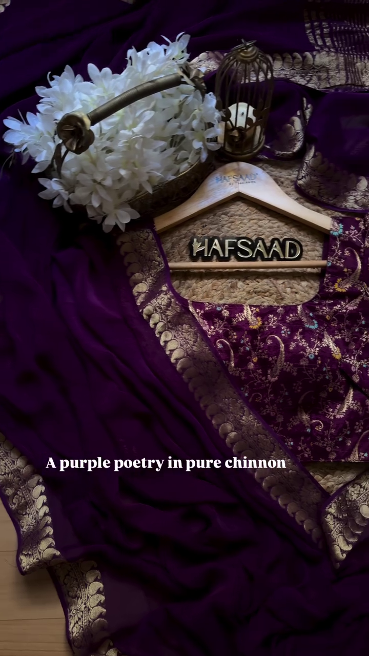A pure chinnon purple jacquard and embroidery saree is a stunning choice for traditional and festive occasions - Image 4