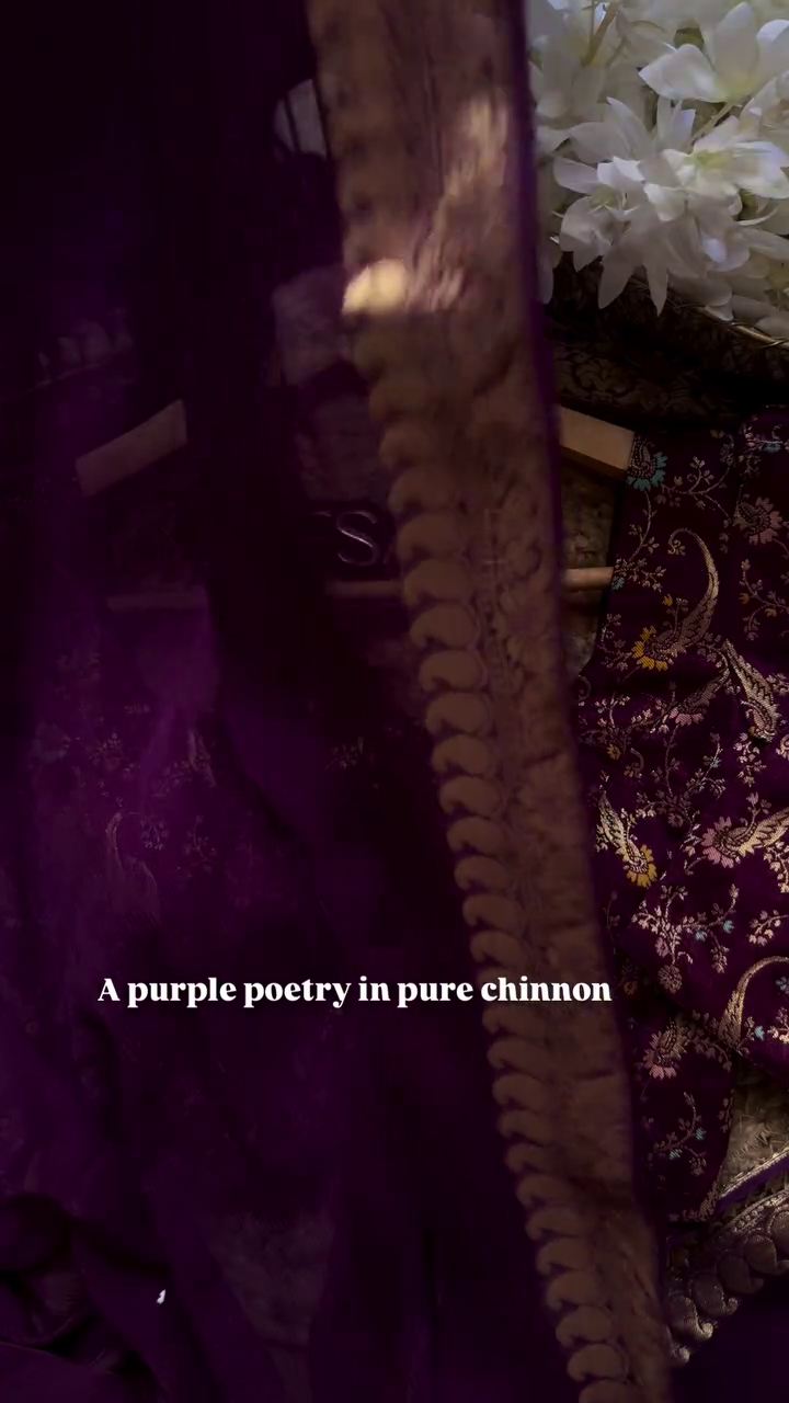 A pure chinnon purple jacquard and embroidery saree is a stunning choice for traditional and festive occasions - Image 3