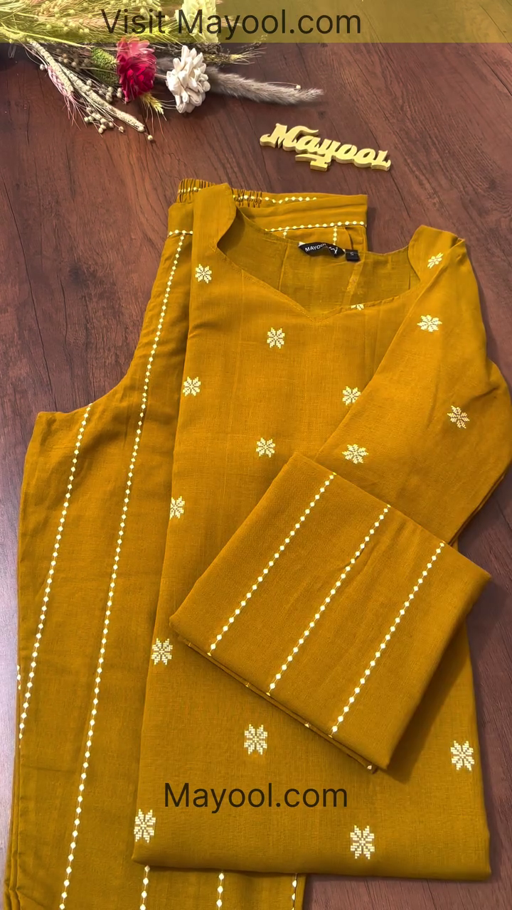 Mustard Yellow Cotton Suit Set with Delicate Embroidery - Image 2