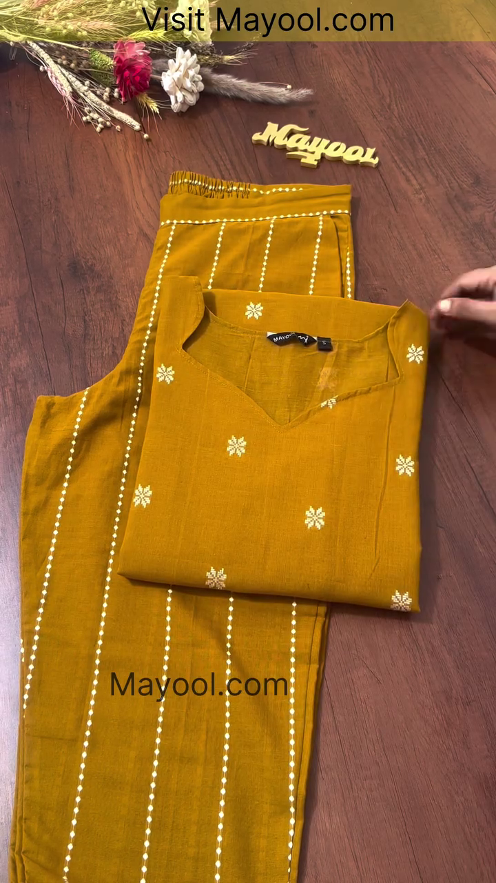Mustard Yellow Cotton Suit Set with Delicate Embroidery