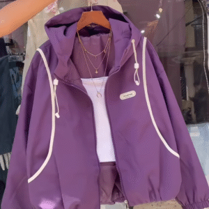 Purple Hooded Jacket with White Trim β Casual Streetwear Layer for Women