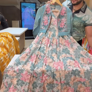 Floral Printed Light Base Dress with Matching Blue Embroidered Jacket for Women