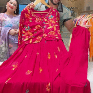 Bright Red Floral Printed Ethnic Dress with Coordinated Jacket for Women