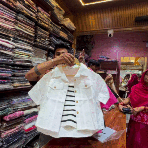 White Buttoned Utility Jacket with Chest Flap Pockets over Striped Inner Layer