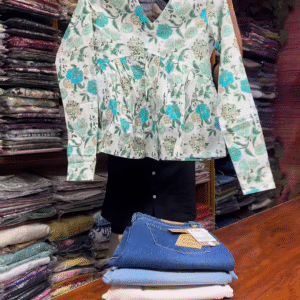 White Long-Sleeve Floral Printed Shirt with Green and Blue Motifs for Women