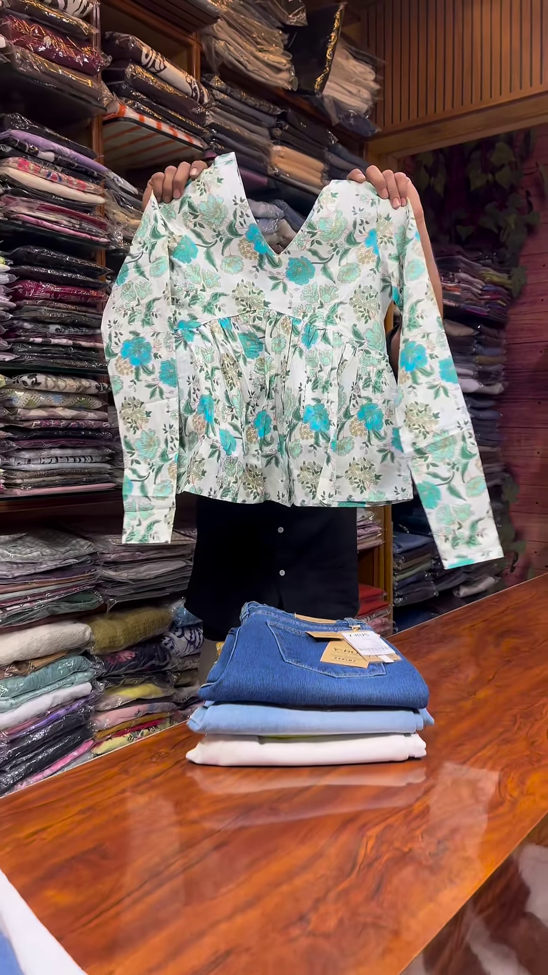 White Long-Sleeve Floral Printed Shirt with Green and Blue Motifs for Women