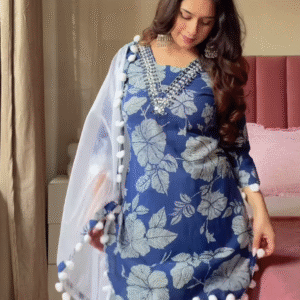 Blue Floral Kurta Set with Pom-Pom Dupatta – Ethnic Casualwear for Women